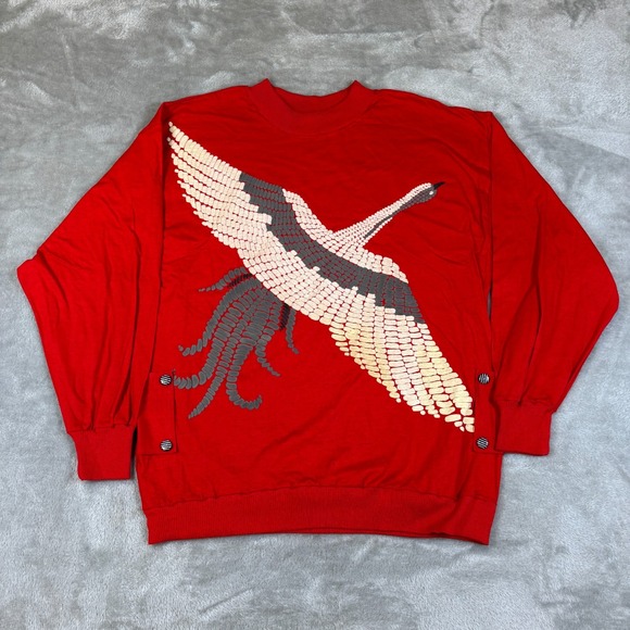 Vintage Tops - Vintage Crane Sweatshirt Womens Large Red Japanese Style Pullover Puff Print 80s